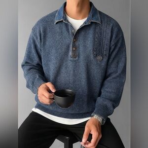 Vintage Blue Willis Denmark Denim & Knit Sweater Size XL Grandpa 1/4 Snap Henley